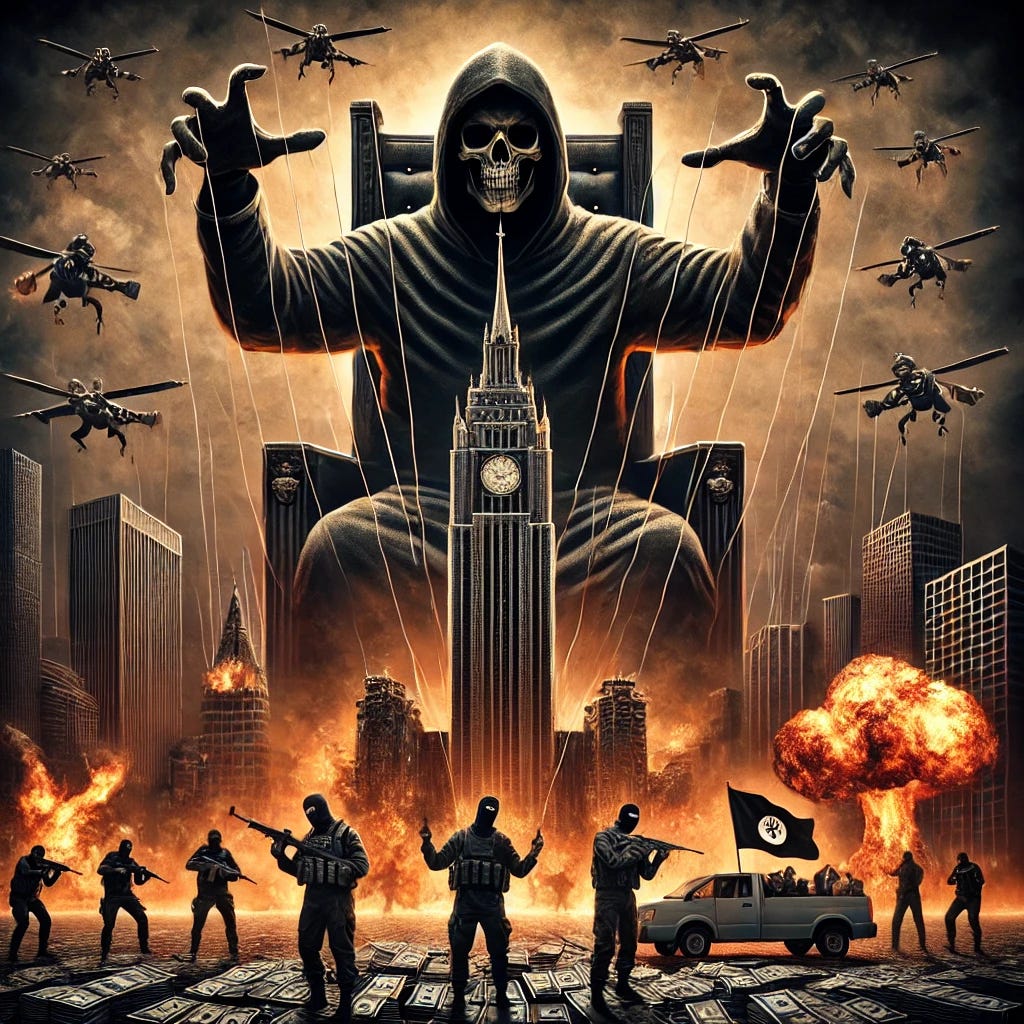 A symbolic and dramatic illustration emphasizing terrorism as a puppet master's act. The image features a shadowy, imposing figure of a puppet master with strings controlling various acts of terror represented as flaming buildings, explosions, and protests with masked individuals in the foreground. Each act is depicted as being manipulated by strings tied to the puppet master. The background features a dimly lit, ominous cityscape. The puppet master is surrounded by a sinister aura, with an exaggeratedly luxurious chair and piles of money beneath him. The overall tone is dark and intense, highlighting the theme of control and manipulation.