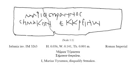 An inscribed lead tablet found in 1958 and published by Jordan & Spawforth (1982: 65 in an open-access ASCSA publication). 