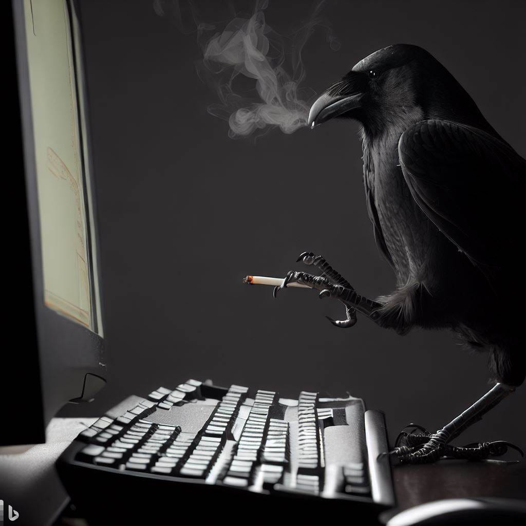 a crow smoking a cigarette typing on a desktop computer