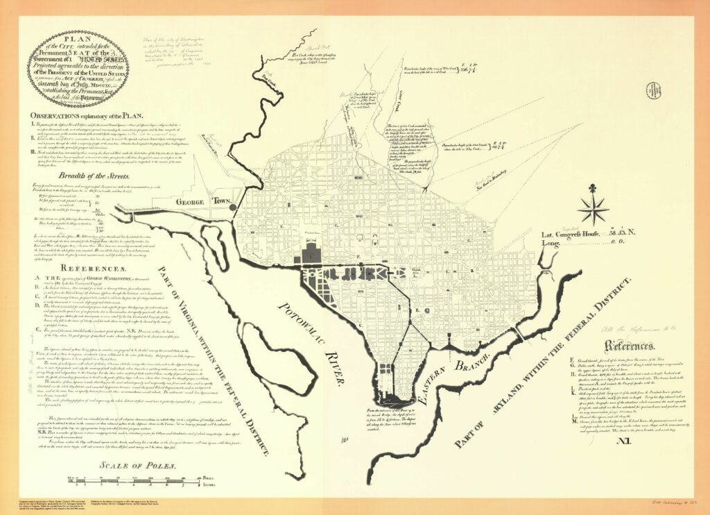 Plan of the city intended for the permanent seat of the government of t[he] United States : projected agreeable to the direction of the President of the United States, in pursuance of an act of Congress, passed on the sixteenth day of July, MDCCXC. Library of Congress, Geography and Map Division. In addition to naming the Potomac River and the smaller Eastern Branch, this map is notable in that it contains pencil annotations by Thomas Jefferson. Jefferson eliminated the letter "w" from the "Potowmack"; and changed the name of the "Congress House" to "Capitol". These annotations were unknown to scholars until the map was digitally enhanced in 1989 for the publication of a full color facsimile.