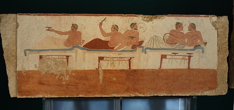 Fresco of aristocratic men from the Tomb of the Diver, near Paestum one of the Greek colonies in Italy, ca. 470 BCE, Paestum museum 