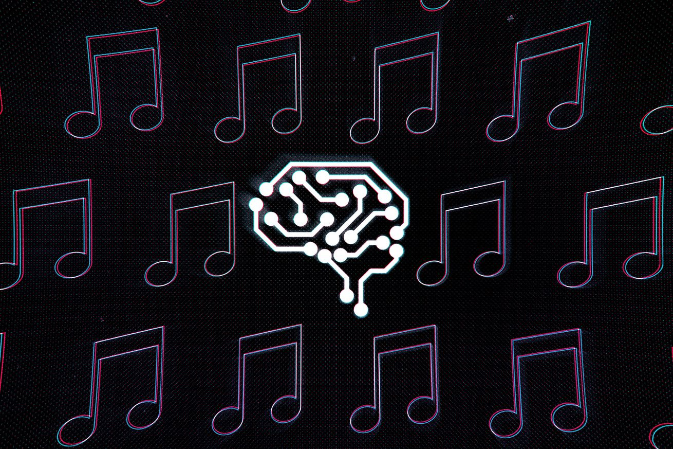 Notas musicais ao fundo com um cerebro feito de conexoes eletronicas.