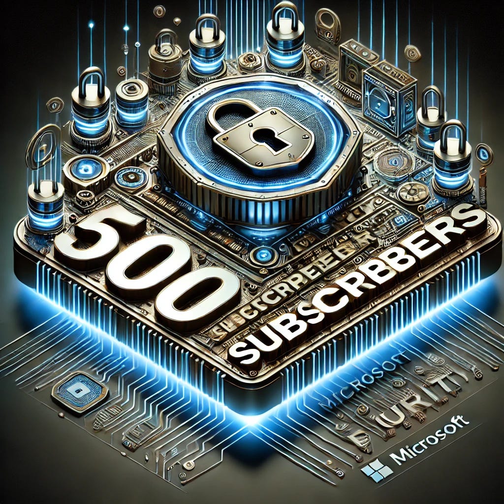 A futuristic tech-inspired design celebrating 500 subscribers in Microsoft Security. The design should feature a metallic and digital style similar to a circuit board with security elements like locks, shields, and encryption keys. The central focus should be on the milestone of reaching 500 subscribers, with bold text in the style of the Microsoft logo and modern typography. Surrounding details should include sleek, tech-based graphics and symbols, keeping the overall look professional and high-tech. The image should evoke a sense of achievement and growth in the tech community.