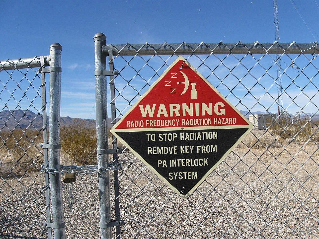 RF radiation warning sign on former GWEN site at Essex, California