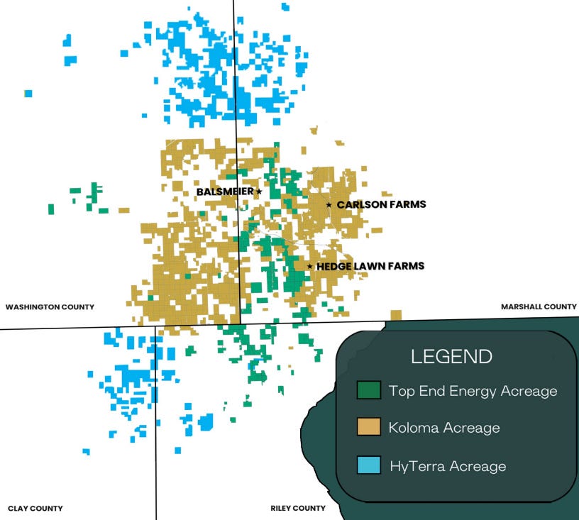 Map showing the competitive land position in Kansas, with TEE’s acreage surrounded by Koloma and HyTerra’s hydrogen leases Map showing the competitive land position in Kansas, with TEE’s acreage surrounded by Koloma and HyTerra’s hydrogen leases
