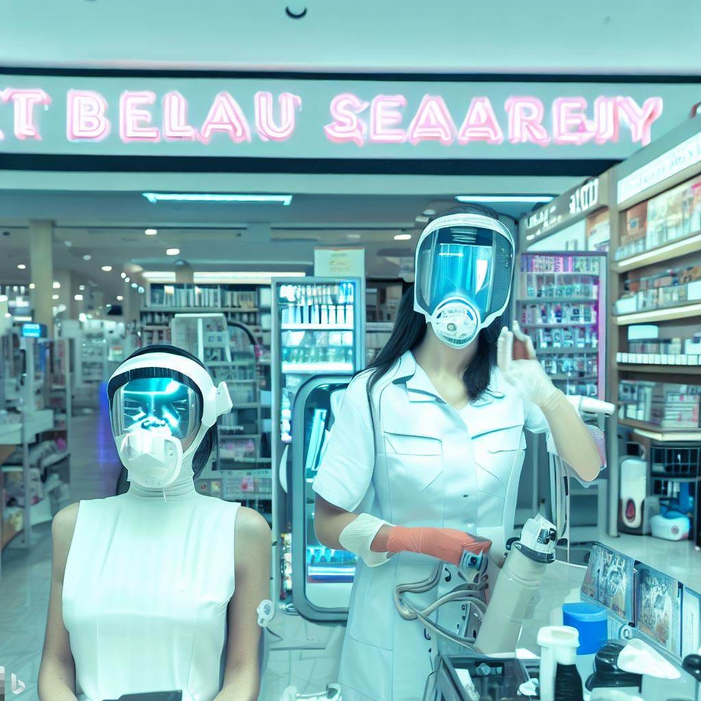 beauty department store, woman with forehead scar, beautiful store clerks, dermal regenerator, solarpunk