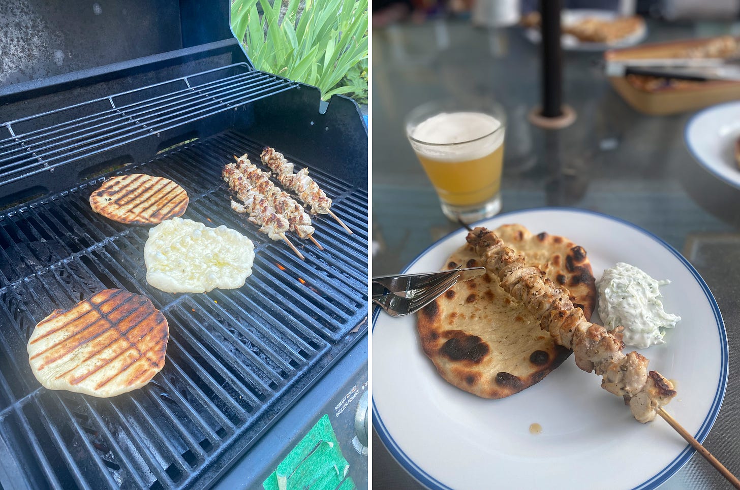 Left image: on a gas grill, three pieces of flatbread, two of them flipped over and charred already, the other soft and bubbling on top. Next to it are three souvlaki skewers. Right image: A plate with a piece of the flatbread and one of the skewers on top, and a dollop of tzatziki on the side. A knife and fork rest at the edge of the plate, and a glass of beer is on the table in the background.