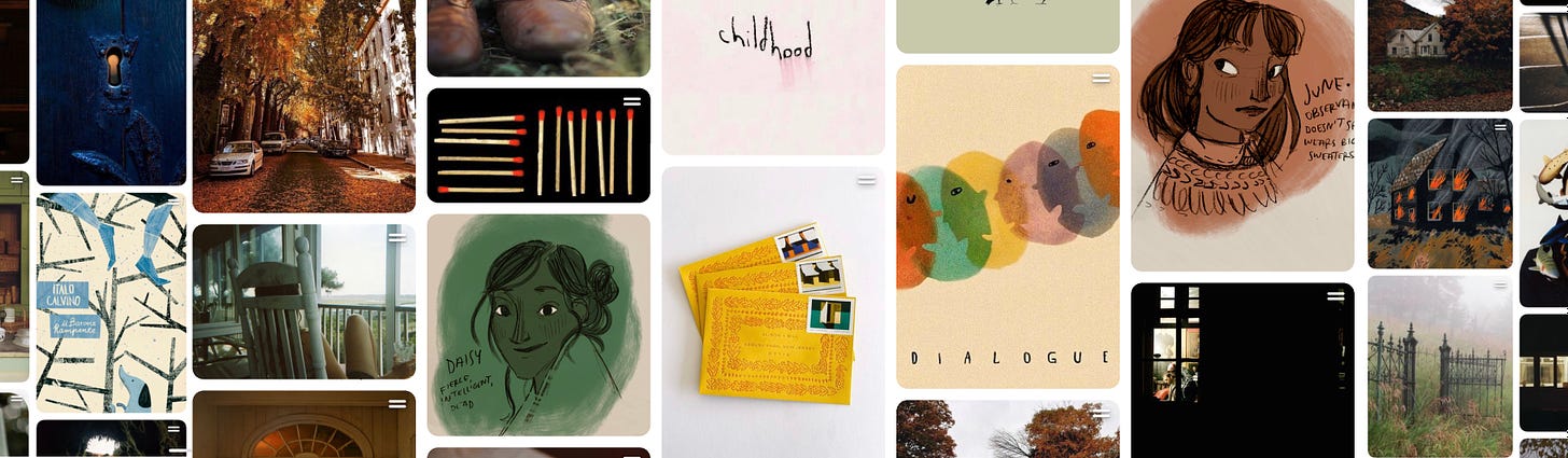 An image of Gracie's mood board for her novel "Things Not Said," including a photograph of a stack of old yellow envelopes, a graphic of a line of red matches on a black background, and a photo of a little girl on a rocking chair on a front porch, along with a few rough sketches of the main characters, Daisy and her daughter, June.