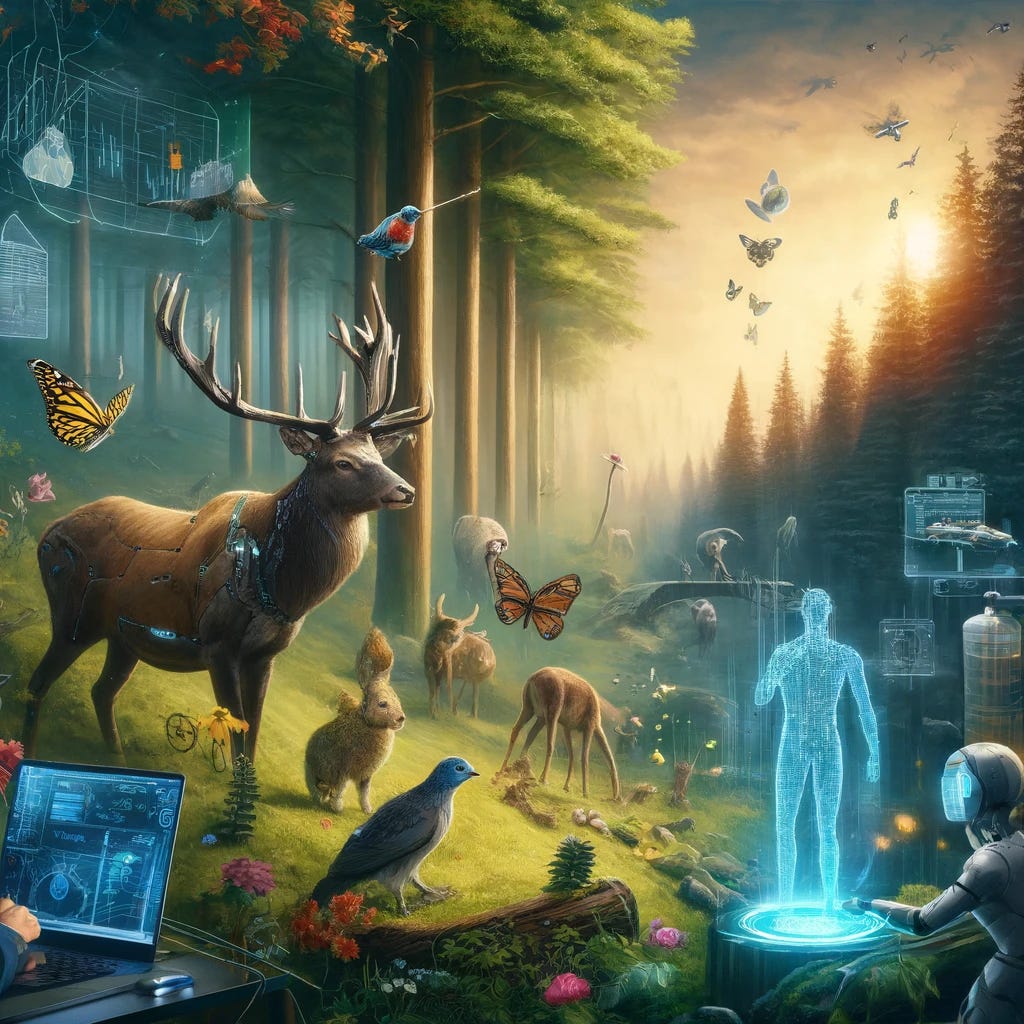 A thought-provoking and surreal artwork depicting the intersection of animals, humans, and technologies. The scene includes a forest setting blending into an urban environment, where various animals and humans interact with advanced technologies. There's a deer with cybernetic enhancements, a person using a holographic interface to communicate with a bird, and a robot observing a butterfly. The atmosphere is one of harmony yet contrasts, highlighting the theme of 'The Art of the Outside and Otherness.' The style is a blend of digital art and realism, capturing a sense of wonder and contemplation.