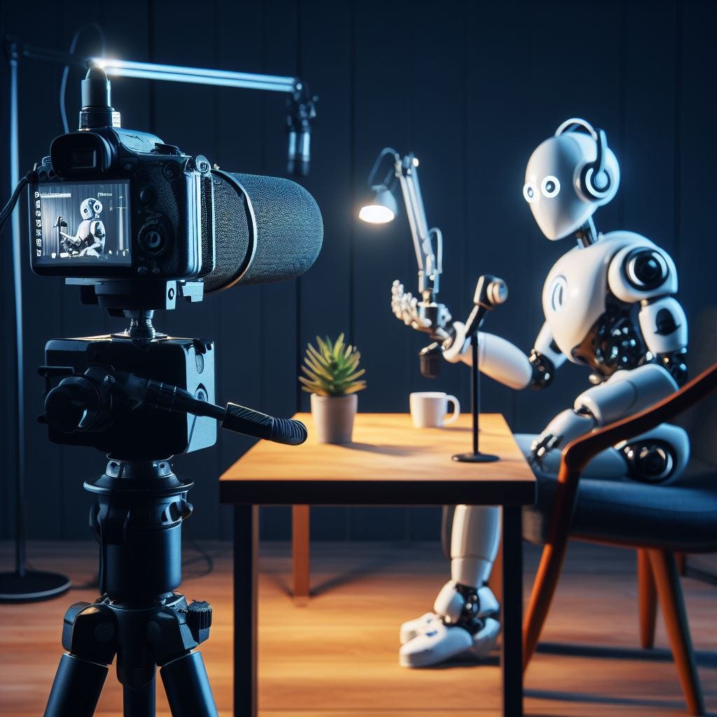 use a wide image of an podcast setup, where robot is interviewing the guests, cinematic, pixar