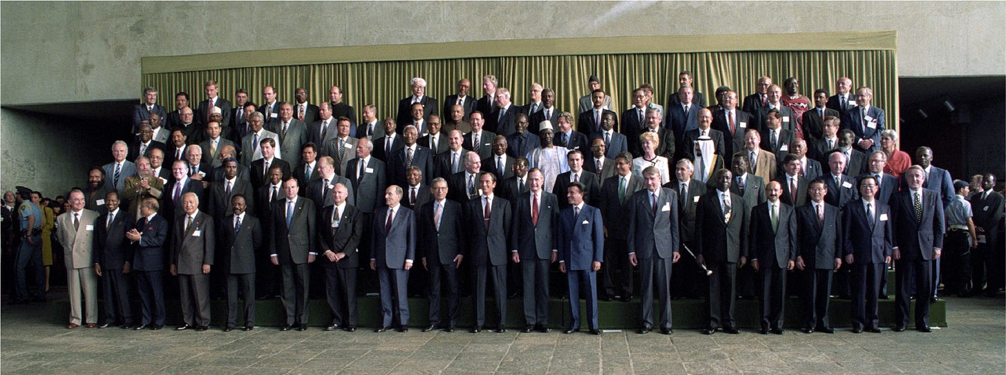 Group photo of world leaders meeting at the 'Earth Summit'.