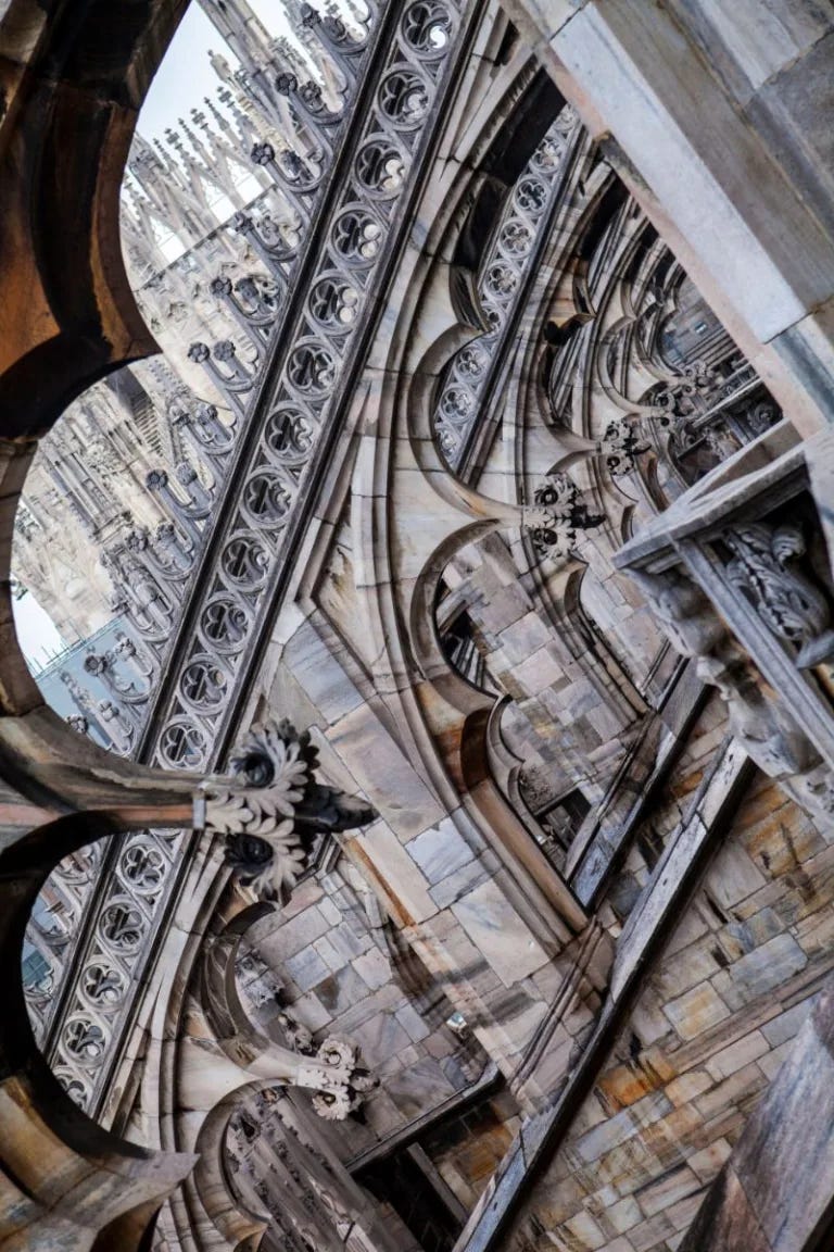 Highly decorated flying buttress of the Duomo in Milan.