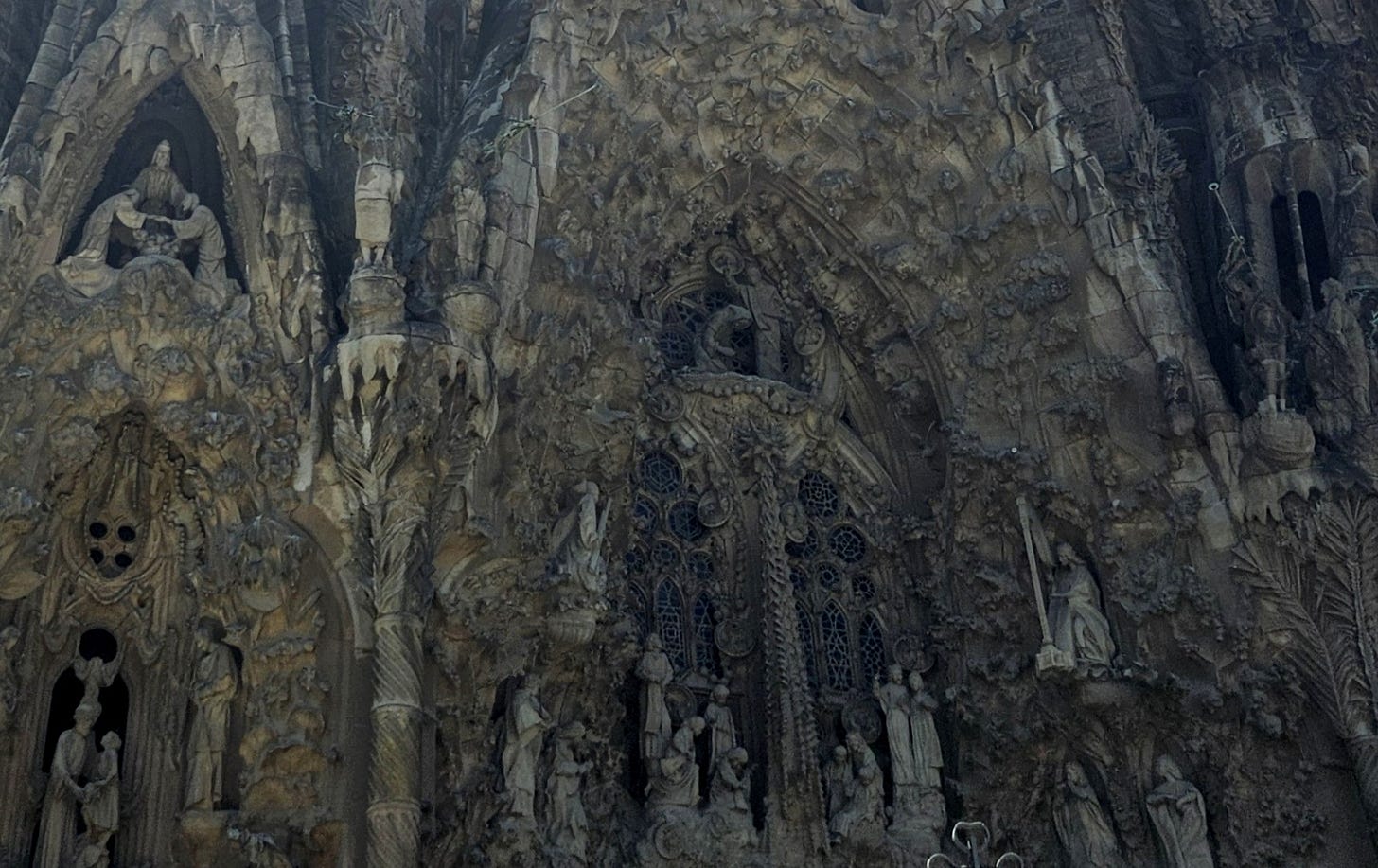 Close up of one view of Sagrada Familia Cathedral with carved detail