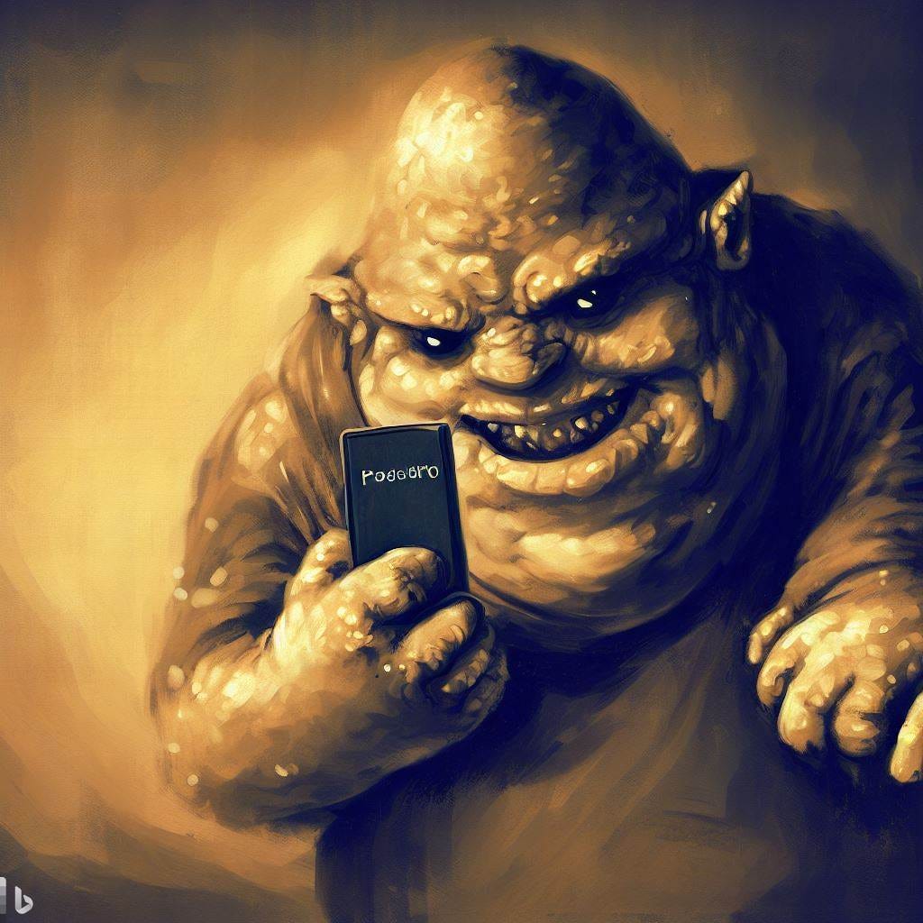 golem the character from lord of the rings holding an iphone and saying precious done in fantasy painting style of lord of the rings