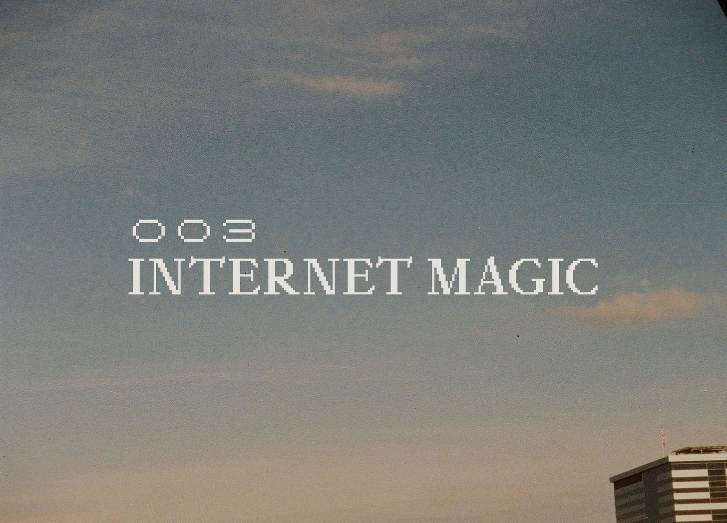 Dark orange & blue sky with sporadic clouds. Distorted film quality, reads "003 Internet Magic" in a pixelated serif font.