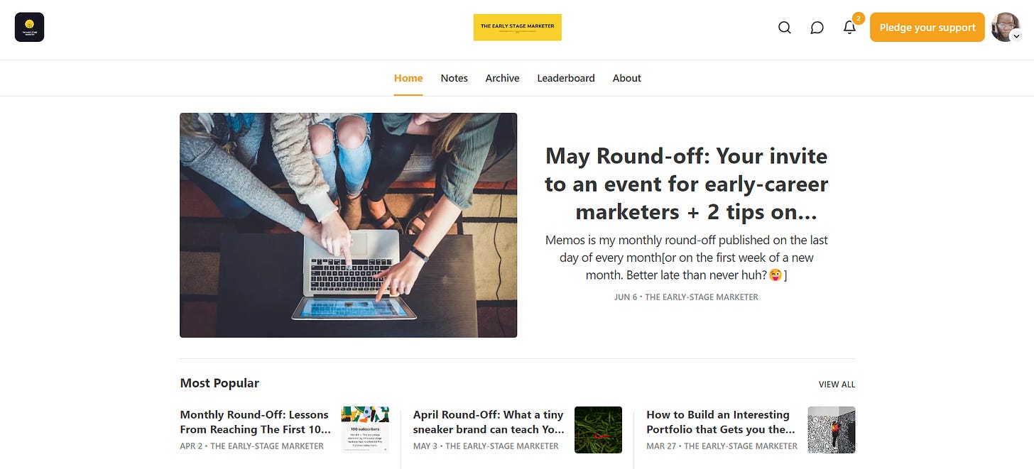 A screenshot of The Early Stage Marketer's Homepage on Substack