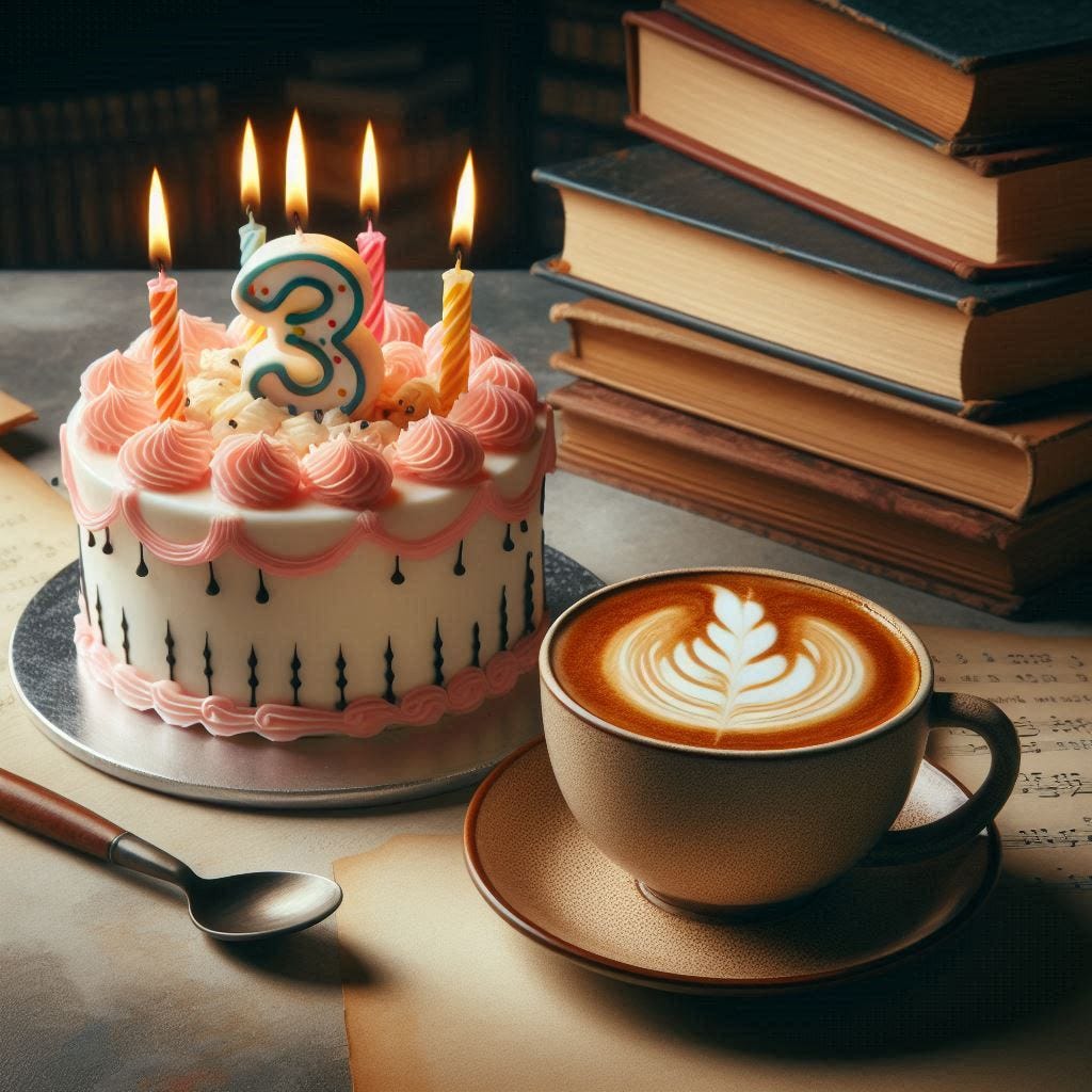 Show a  a cup of latte next to one birthday cake with 3 candles only, a studious environment 