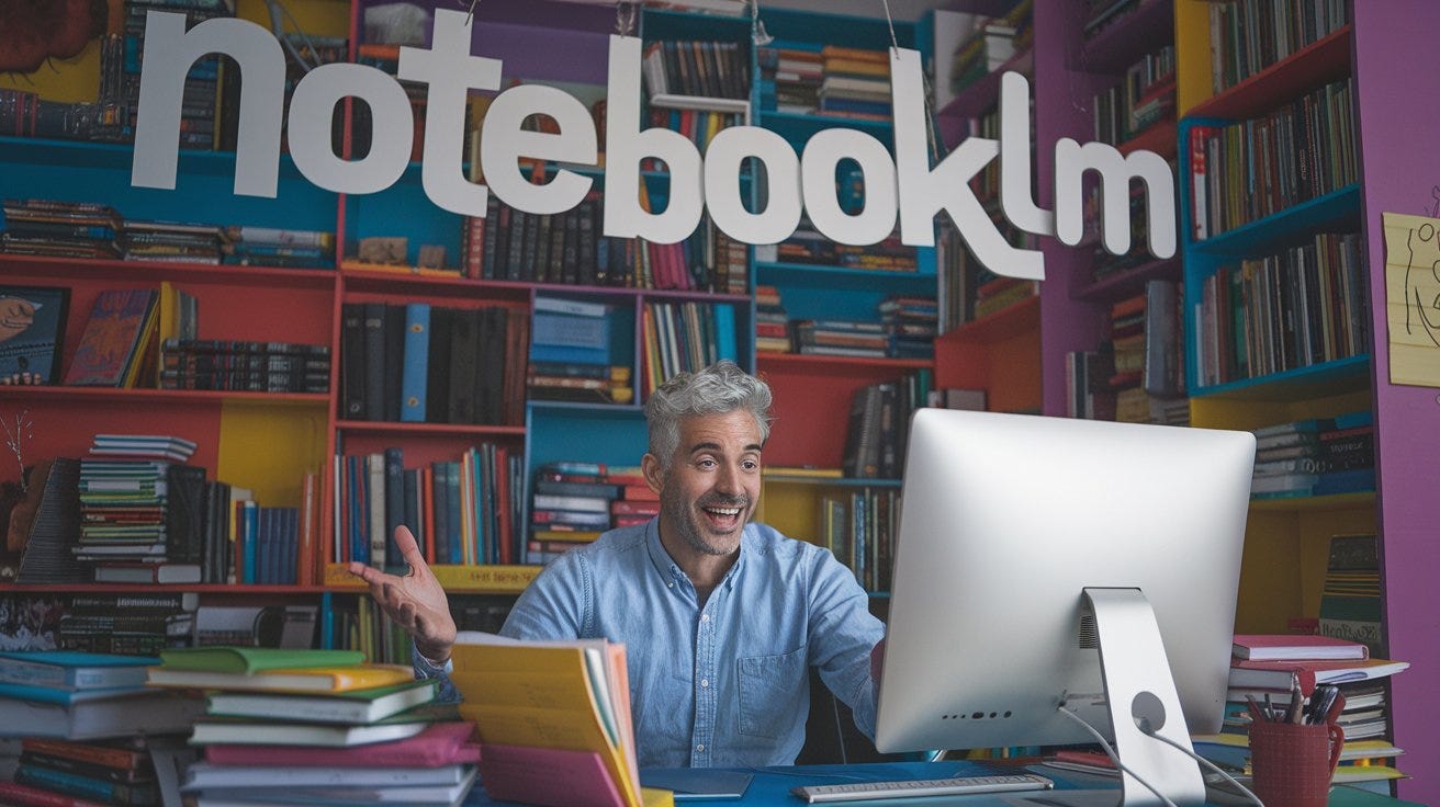 A photo of a man with gray hair looking delighted and surprised while working with NotebookLM. He is sitting at a desk in a colorful office filled with books and notebooks. The man is using a computer to analyze his notes with AI. There is a large sign hanging in the air that says "NotebookLM".