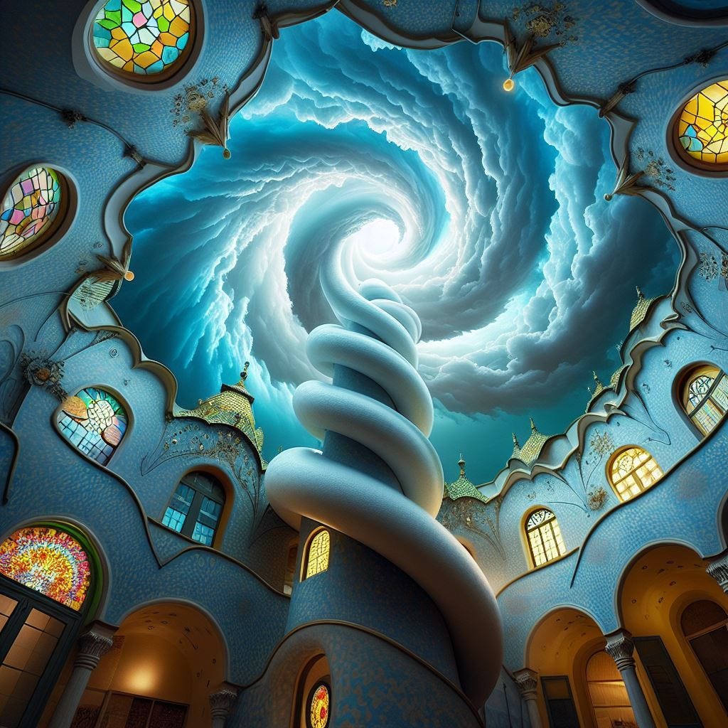 Hyper realistic; tilt shift;  tornado made of music and grey storm clouds  with coral Quatrefoil: cream Gothic Tracery: Louver  yellow and chartreuse decorative ceiling tiles.Hundertwasserhaus, Vienna, Austria: asian pagoda. blue sky, prisms of light on string.Vast distance..Noctilucent Clouds  spiraling into a portal. Radiant. Ethereal