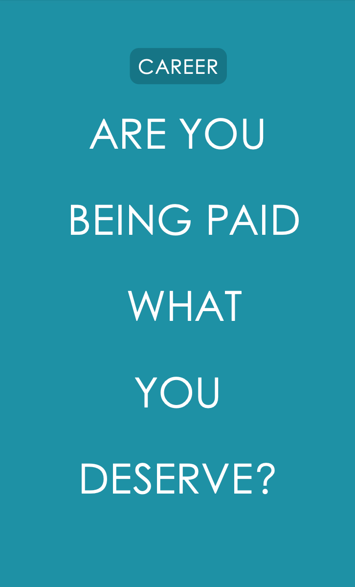 a rectangular turquoise page (novella size, about 5x8) with white capital letters that take up most of the page, that read “Are you being paid what you deserve?” The word “career” is also in white letters and all caps at the top of the bag, in a smaller font, with a deeper turquoise colored rectangle in back of the word, highlighting it. 