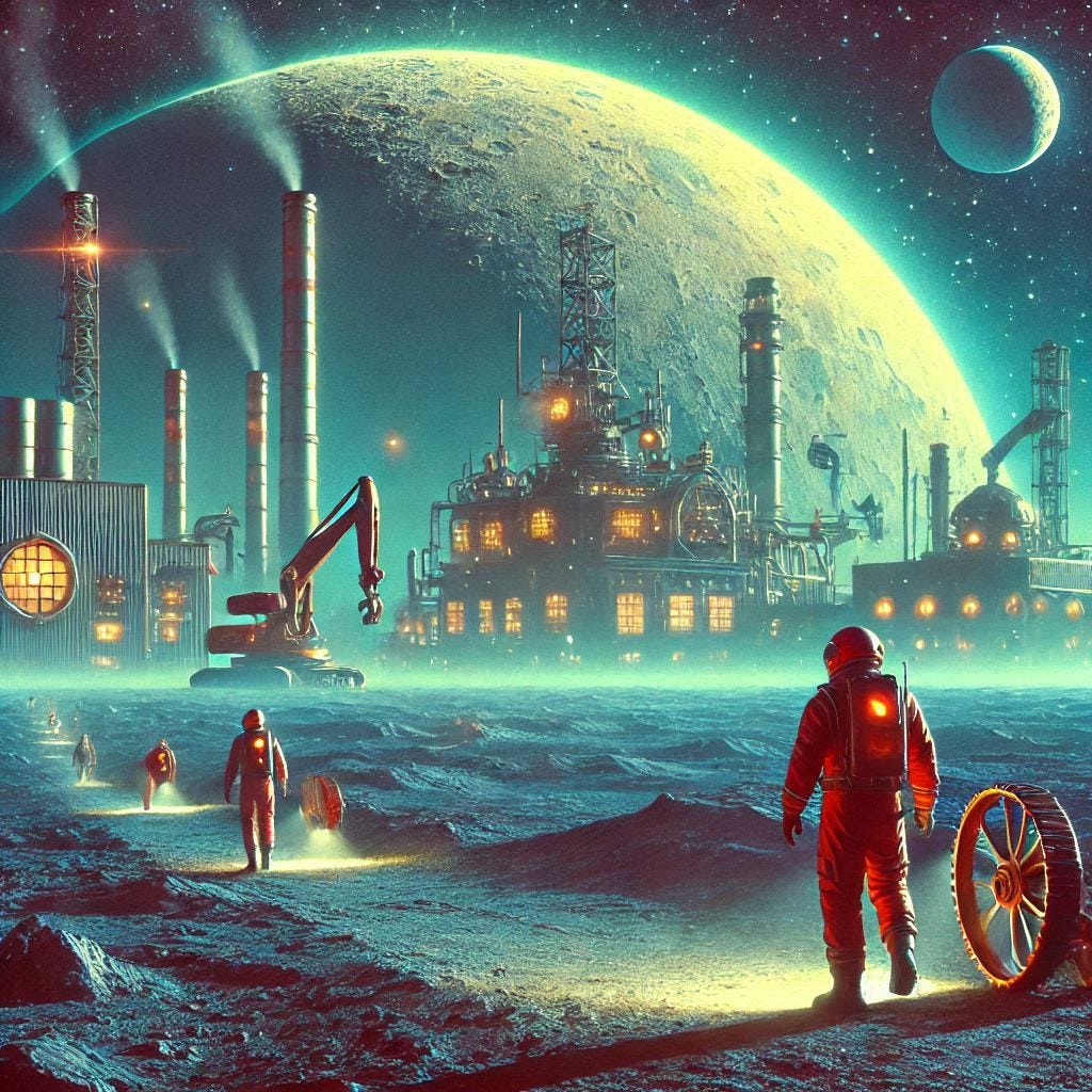 a factory or workers on a distant planet or moon