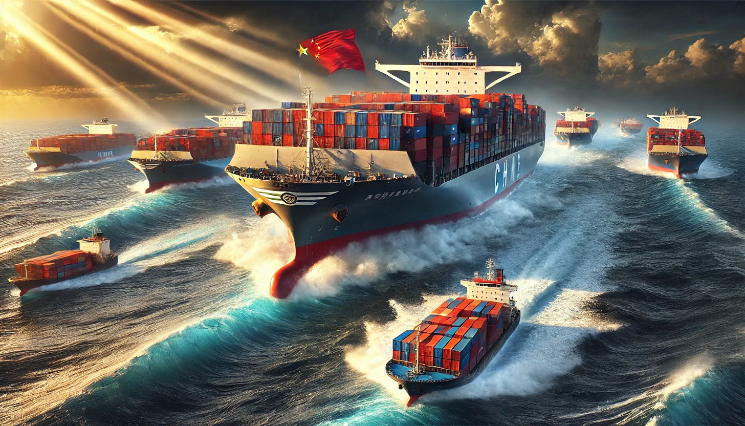 A dramatic ocean scene featuring several large container ships racing across the water. The lead ship prominently displays a Chinese flag, its massive hull cutting through the waves with a sense of power and urgency. The other container ships, equally large, trail behind in a competitive formation, their vibrant painted hulls reflecting sunlight. The ocean is a deep blue, with frothy white waves forming from the ships' movement. The sky is partly cloudy with rays of sunlight piercing through, adding to the dynamic energy of the race.