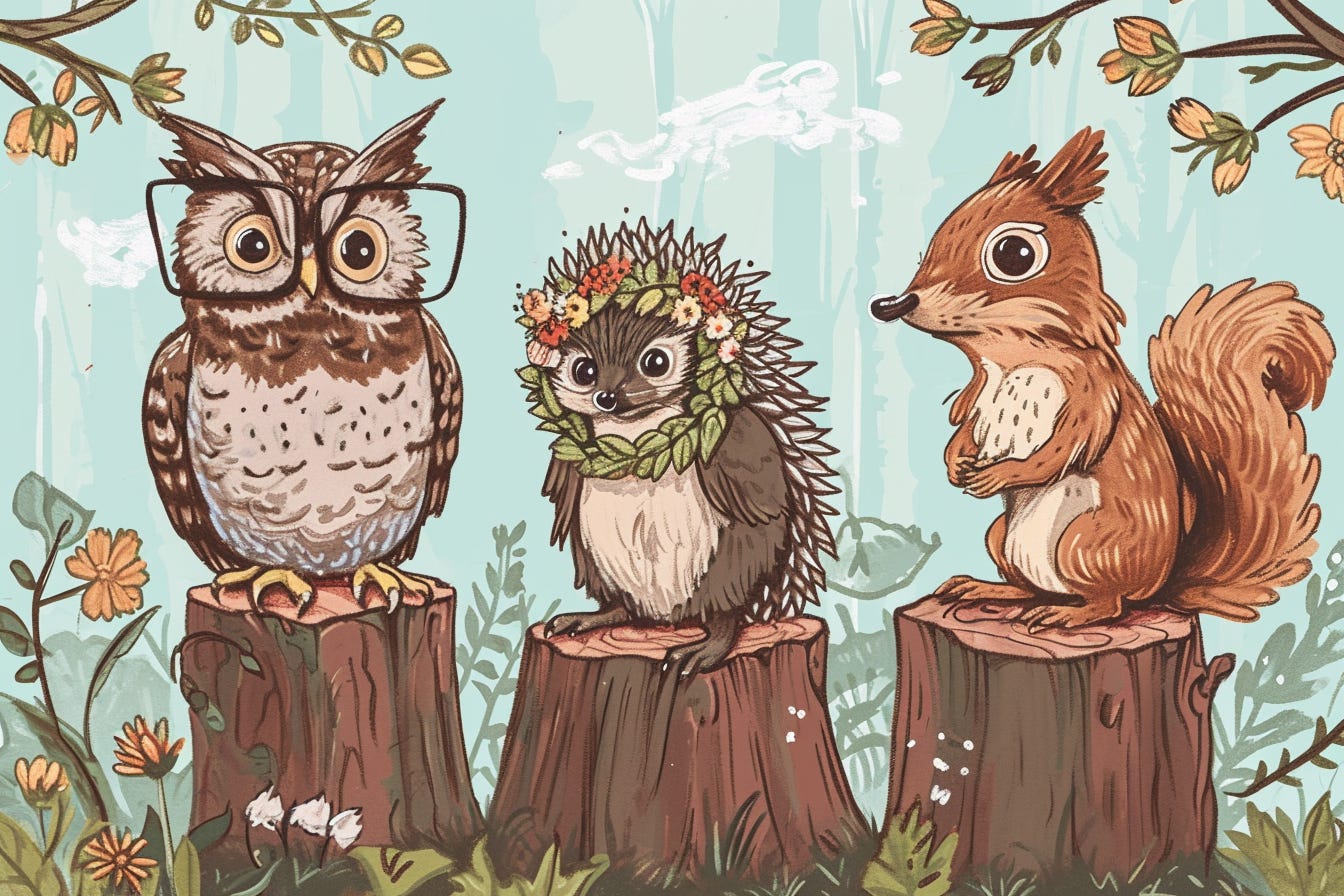 Naive art drawing of three animals sitting together on tree stumps in the forest. The animal on the left is an owl wearing square glasses. The animal in the middle is a hedgehog wearing a flower wreath. The animal on the right is a squirrel
