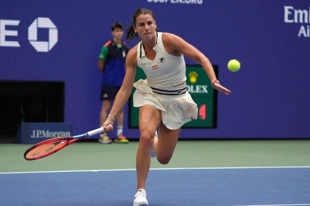 S Emma Navarro plays a return to USA's Coco Gauff during their women's singles round of 16 tennis match on day seven of the US Open tennis tournament...