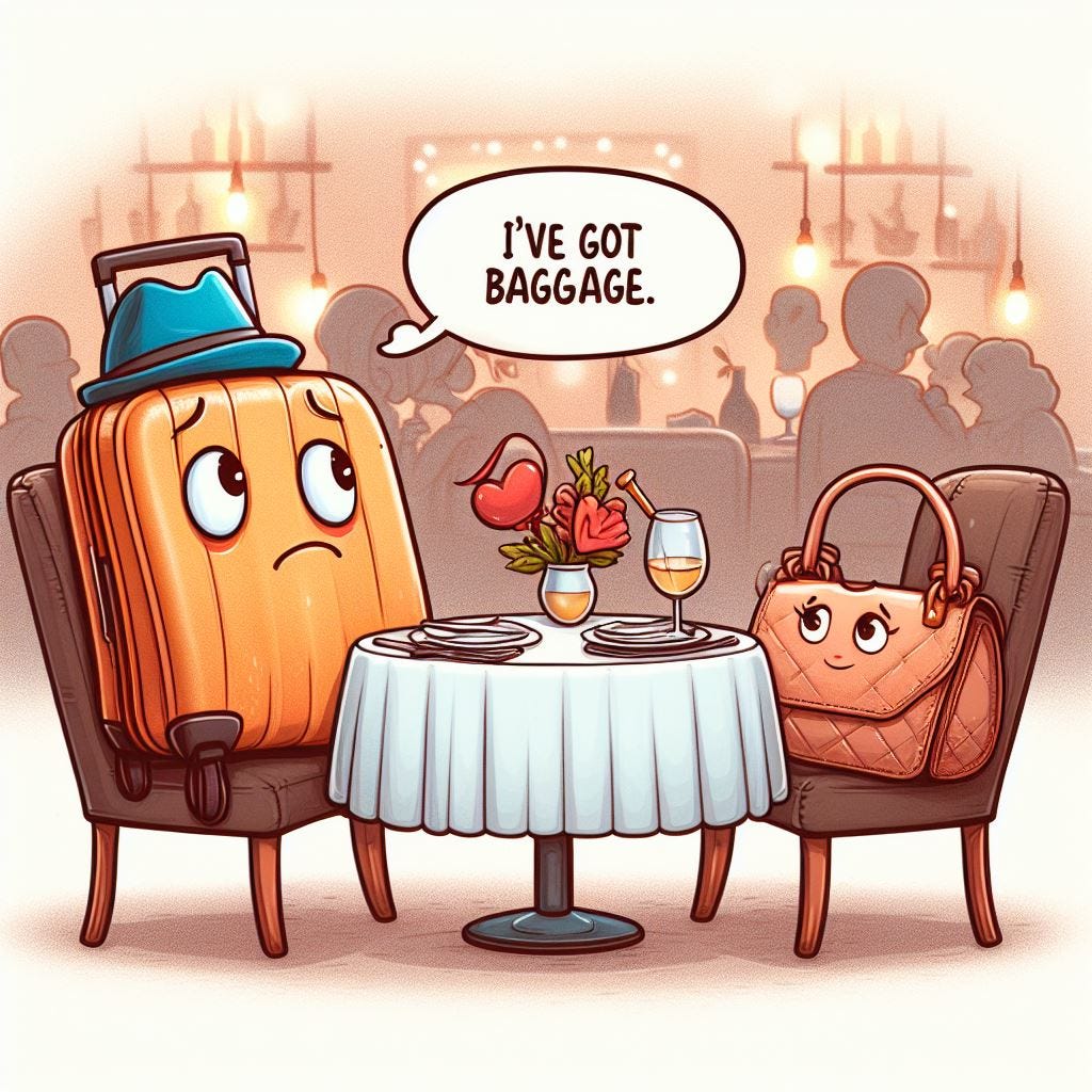 Cartoon illustration: A sad suitcase saying to a purse during a romantic dinner date, "I’ve got baggage."