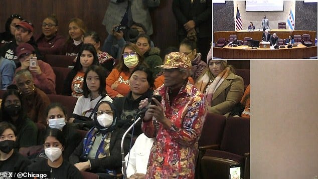 George Blakemore, 81, is pictured on December 14 addressing a meeting of the Chicago city council, where they discussed whether to put ending the sanctuary city status to a vote
