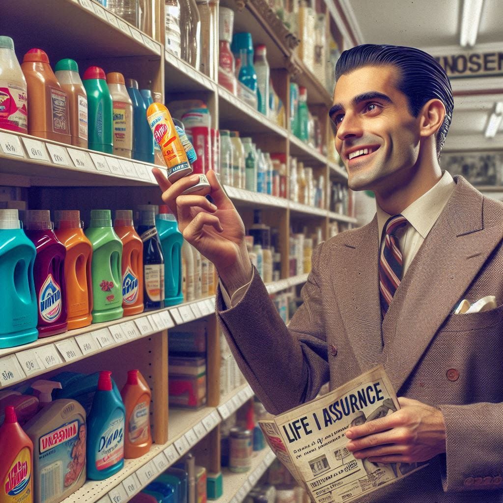 Andrés en una tienda retro de los años 50, mirando una estantería llena de productos de limpieza, encontrando el seguro de vida como si fuera una oferta especial en las rebajas, con una sonrisa irónica