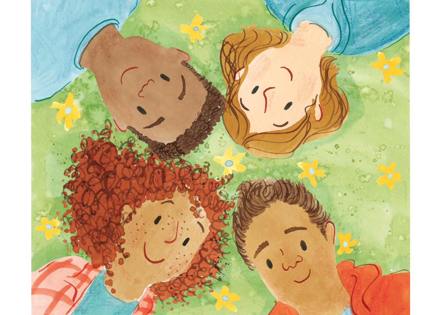 Illustration of four young adults lying in grass and flowers looking up at the sky. Illustration by Nanette Regan from It's Your Time to Shine by Dianne White