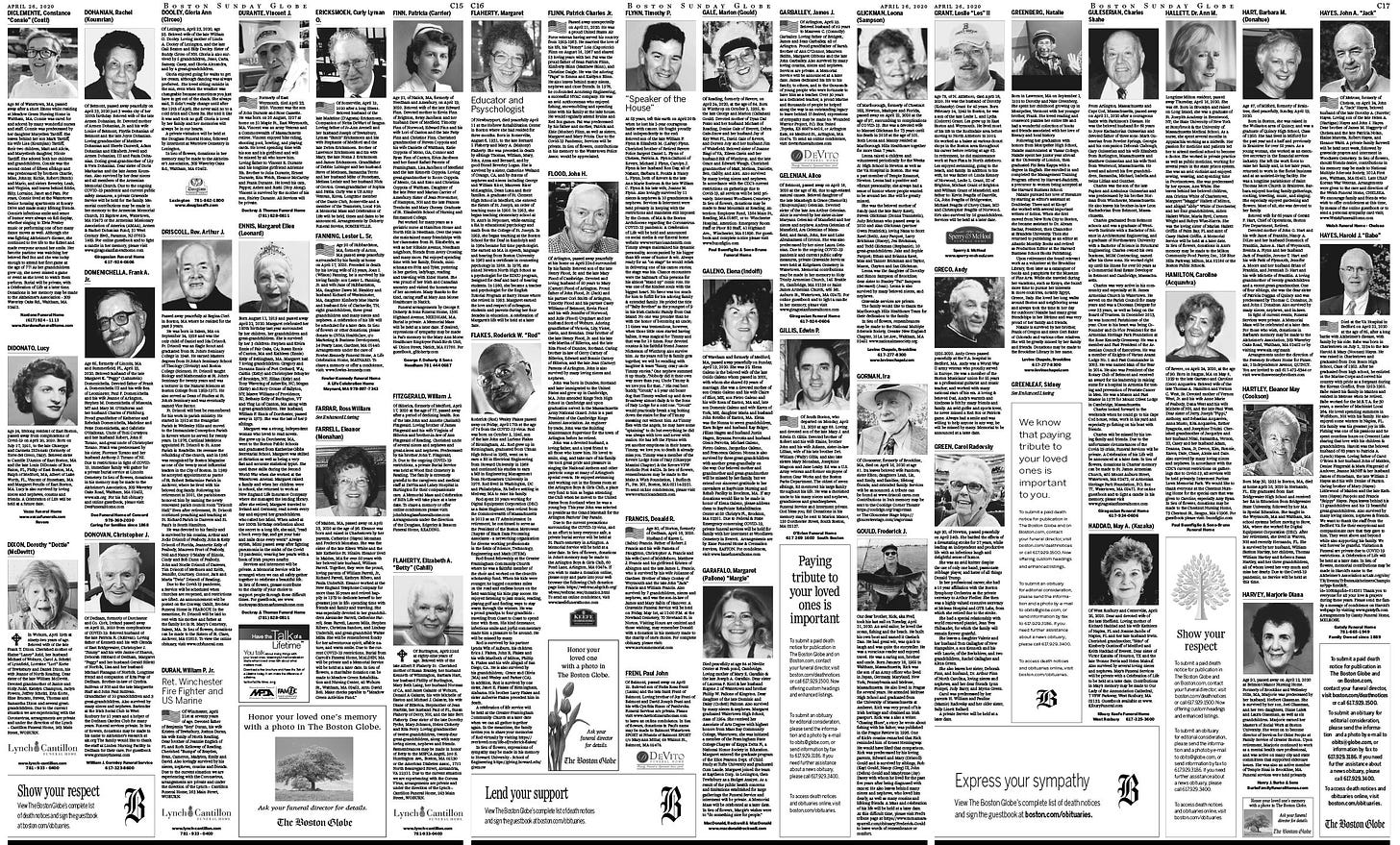 Various obituaries fill a newspaper spread.