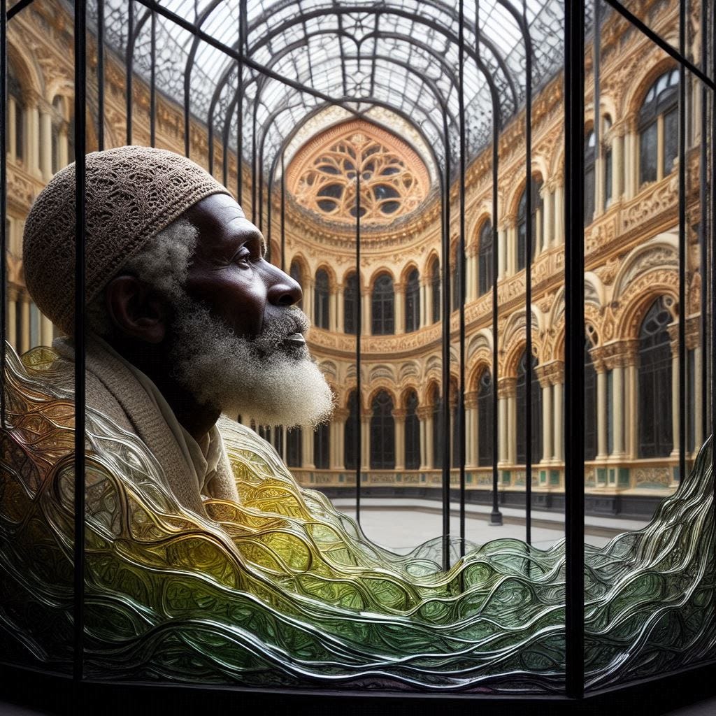 inside glass structure; tiltshift/ 5d angle glass embedded Altgeld hall building/ Broken into fragments/ pieces/ Old Malian man, serene/ leaning into camera/ in front of Altgeld hall in olive,ivory, chartrues, lace made of black water in resin/ He is full of love. coral orange, pink, cream, olive address/ reverberating waves. black hole/ water in resin verdigris/ In the style of Michael Parkes. black etching/ black linework/ black sky