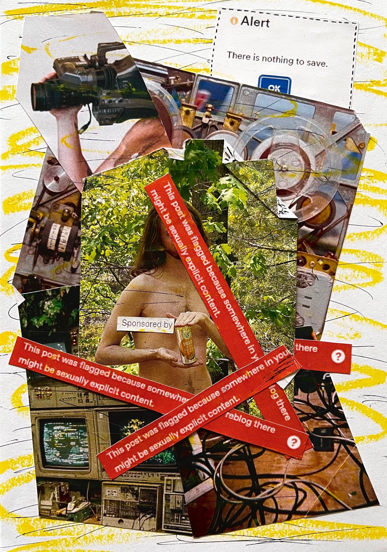 Collage including a video camera, naked body and snippets of text overlayed