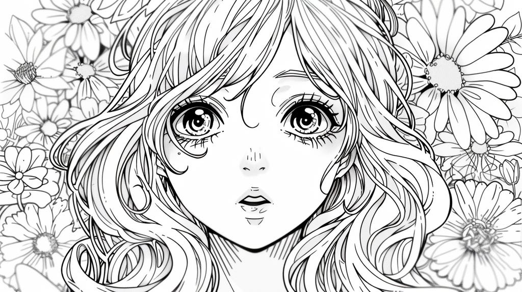 Anime coloring page featuring a girl with long hair adorned with flowers, set against a backdrop of blooming flowers.