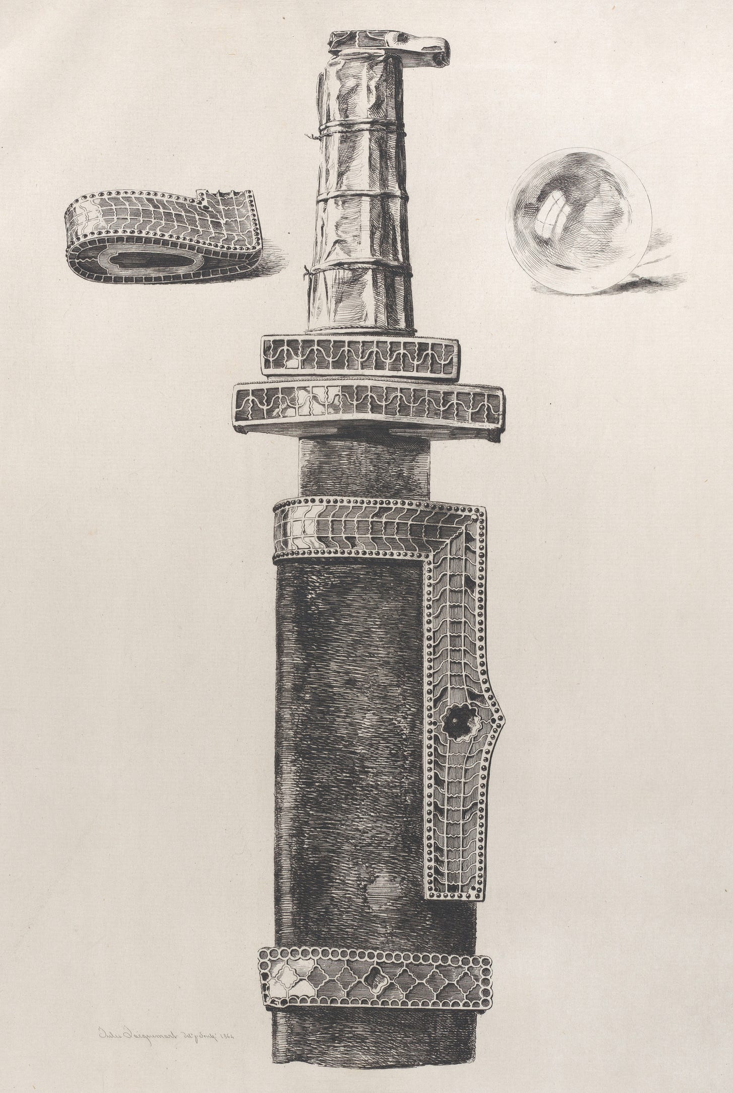 Black and white illustration of an ornate sword hilt and a crystal globe