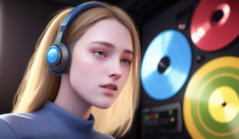 A young woman wearing headphones stares into the distance. Behind her are red, yellow, and blue circles reminiscent of music media like tapes, CDs, and record albums.