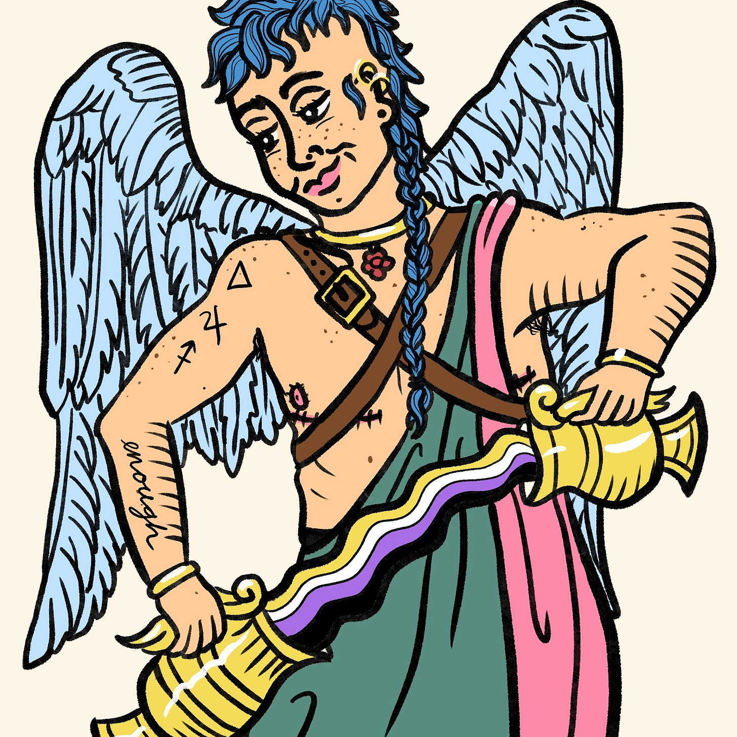 A smiling angel with a long blue mullet and top surgery scars mixes water in the color of the non-binary flag between two pitchers. The angel wears a green and blue toga and has tattoos of the glyphs for Sagittarius, Jupiter, and Fire, along with the word "enough."