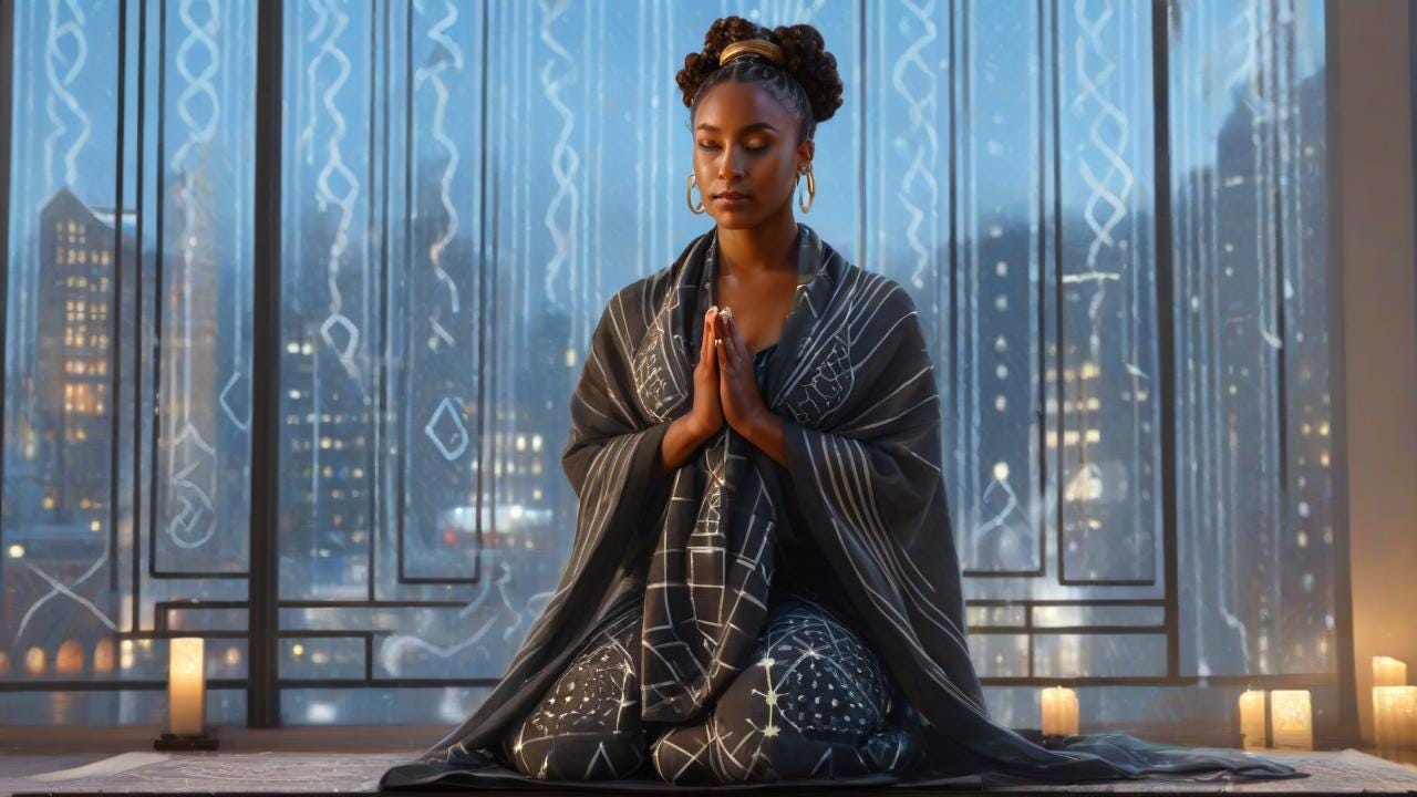 digital painting of a Black woman in her 30s with dark skin tone and subtle freckles on her palms, her Bantu knots coiled closely. She kneels in a prayer shawl, raised hands illuminating faint runes merging with falling translucent rain. Geometric windowpanes frame her profile against a backdrop of glowing city lights. Angular backlighting creates high-contrast chiaroscuro shadows; hyperrealistic skin texture with impressionist light diffusion, 8K detail.