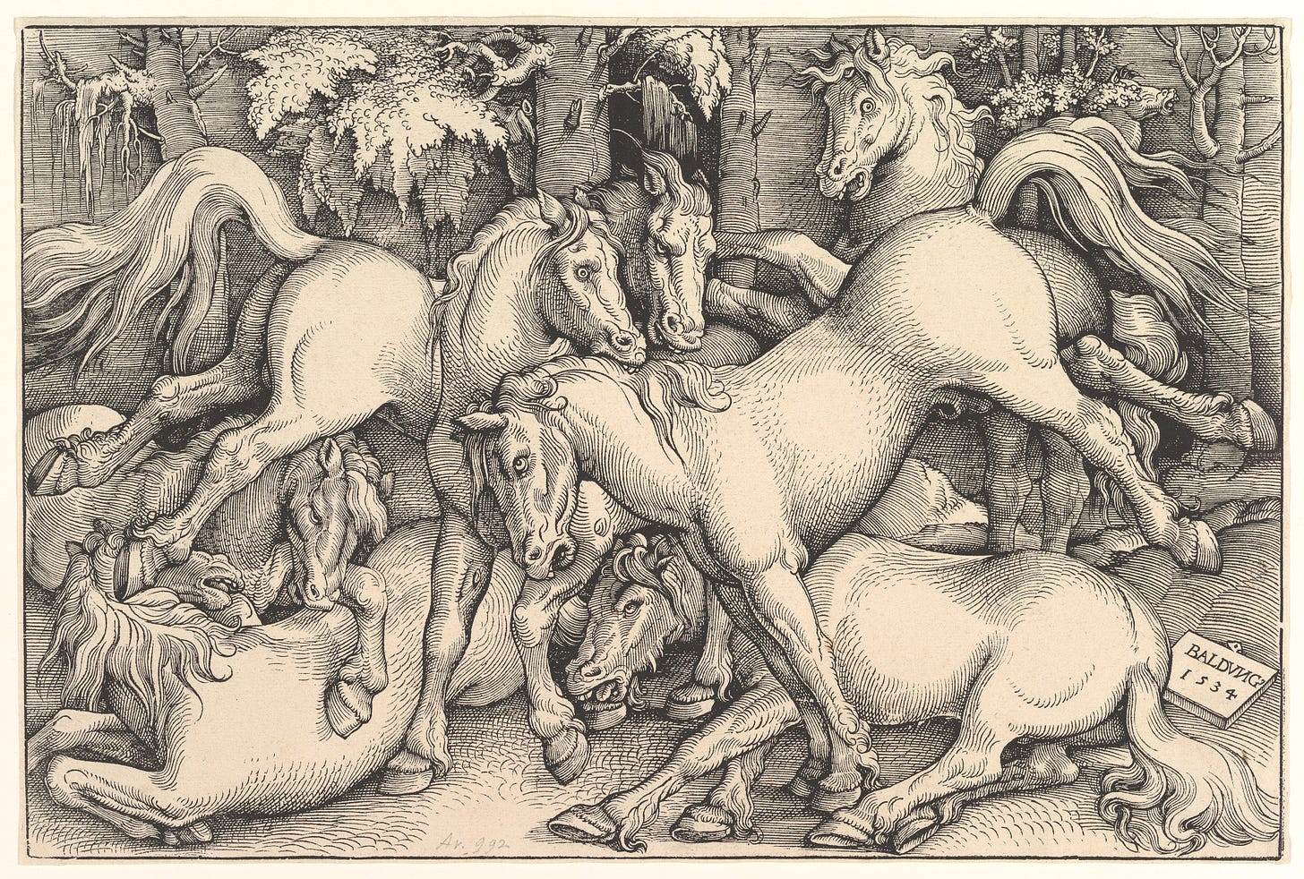Linocut art of seven horses attacking each other