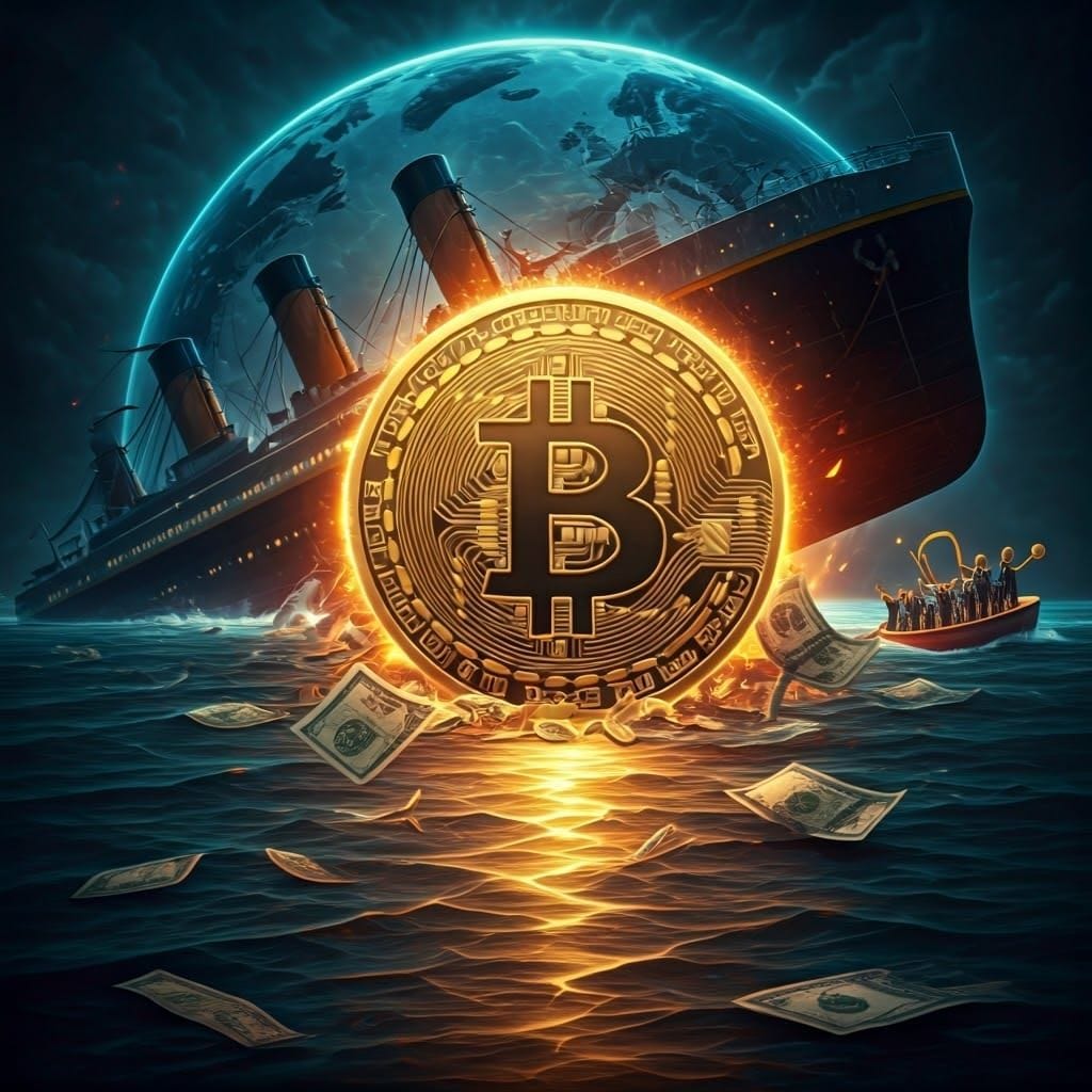 A futuristic and dramatic financial scene with a glowing Bitcoin symbol at the center, surrounded by crumbling fiat curr...