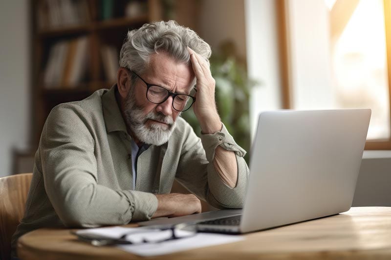 Overwhelmed elder sitting frustrated in front of his laptop