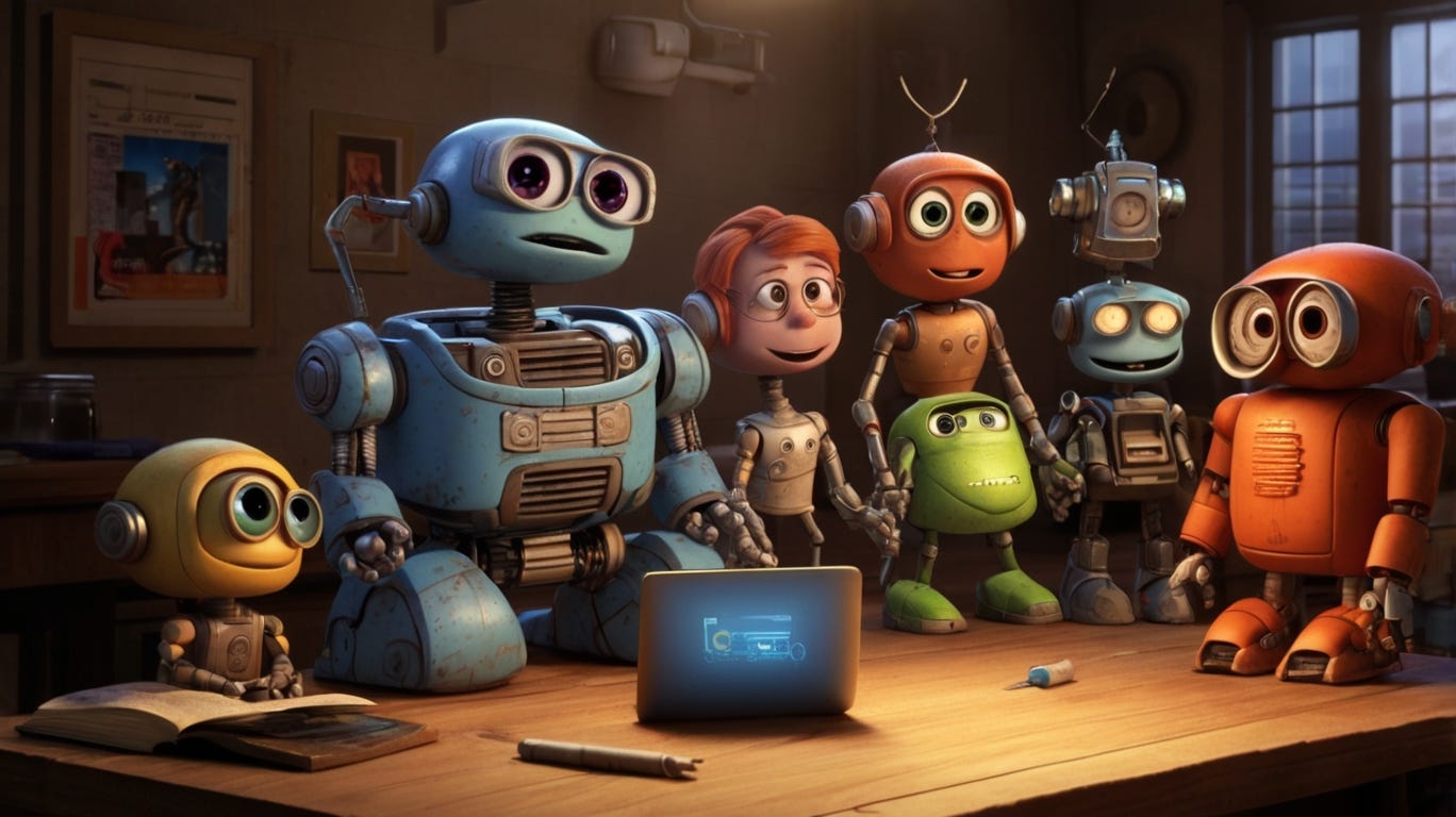 Um grupo de robôs ao estilo de um personagem da PIXAR,  sentado em umas mesa futurística flutuando. Ele está cercado de textos a serem revisados e parece de bom-humor. A cena se assemelha a um loft no brookling dos anos 2000