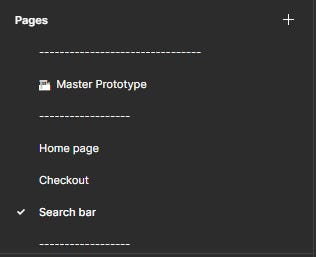 Pages organized by a Master prototype, with breakout pages for different features (home page, checkout, and search bar) underneath.