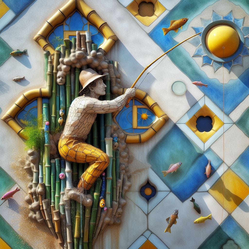 Hyper realistic; tilt shift; Lensbaby Effect.MALE MANNEQUIN STATUE MADE OF bamboo  merging into bamboo Quatrefoil on wall: mannequin is fishing with pole and fish on line. paper bag material. one with prussian blue Gothic Tracery: Louver yellow and chartreuse decorative ceiling tiles. gold and pink and green details on fish. man merges into the Hundertwasserhaus, Vienna, Austria:  his body partly embedded in wall. scattered GLITTER. sunny sky, fluffy clouds.  radiant