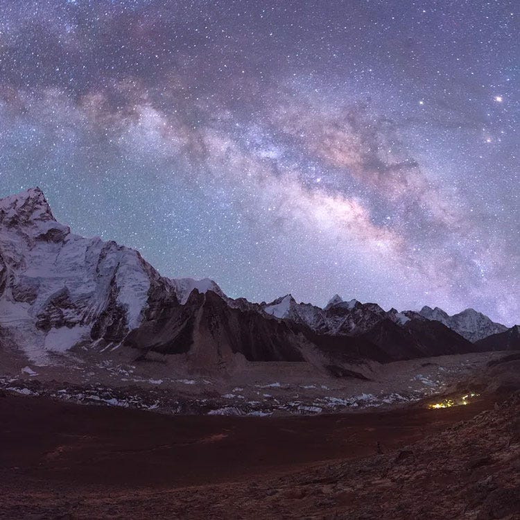 Summit of Mount Everest and Everest Base Camp at night.