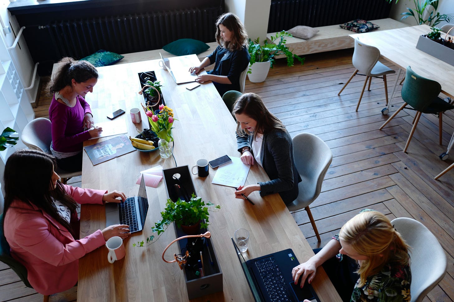 Five young women work on laptops in a modern, stylish open office.