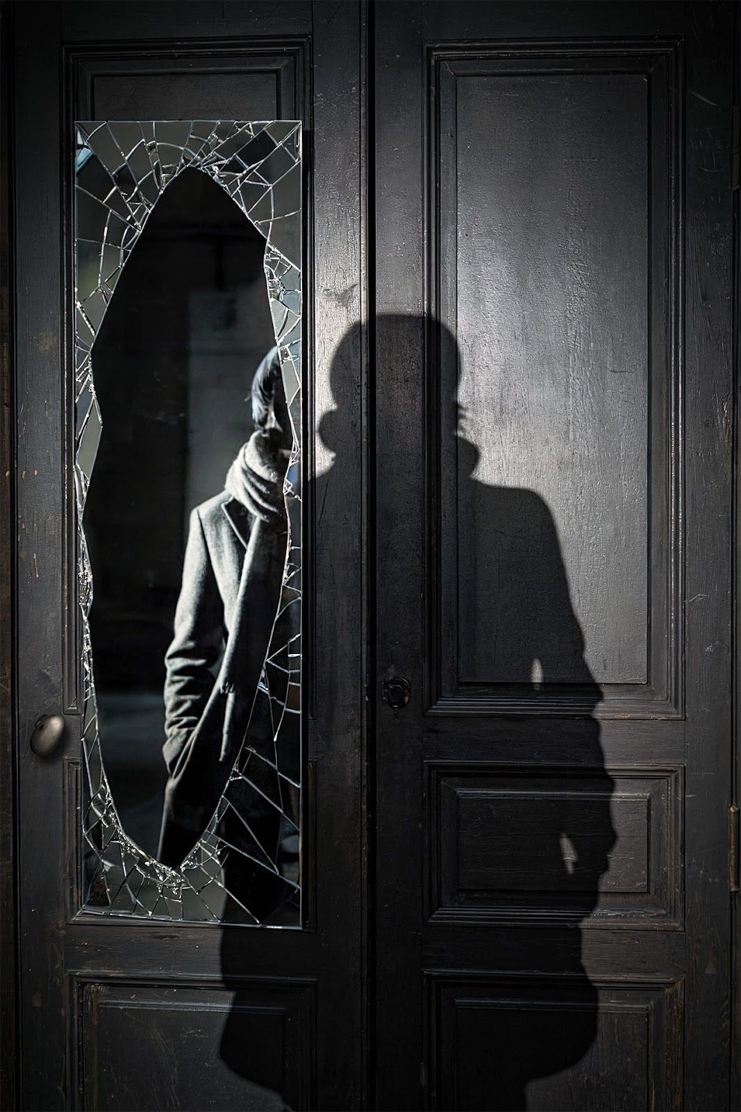 A haunting black and white image shows a broken glass panel in a dark door, with a shadowy figure visible through the jagged break. The person's shadow looms larger on the adjacent door panel, creating a dual presence that echoes the poem's themes of watching and being watched, fragmented identity, and the persistence of trauma's witness. The broken glass mirrors the poem's climactic moment of mirror-smashing, while the shadow suggests both vulnerability and emerging strength.