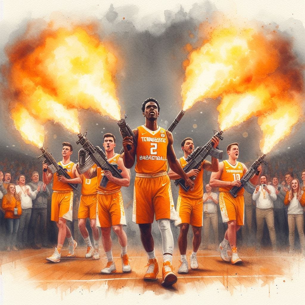 Tennessee basketball players carrying flamethrowers onto the basketball court, watercolor